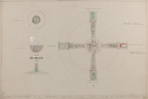 Şövalyelik Şapeli: önerilen kadeh, paten ve sadaka tabağı (gri kart üzerine kurşun kalem, mürekkep, fırça, wc ve gümüş boya) by A. Edward Jones and Co.