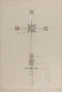 Yüksek Altar: önerilen altın ve gümüş tören haçı, gerçek boyut (gri kart üzerine kurşun kalem, mürekkep, fırça, wc, gümüş ve altın boya) by A. Edward Jones and Co.