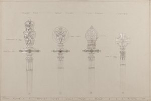 Yüksek Altar: önerilen altın ve gümüş çıtalar ve gürzler, gerçek boyut (gri kart üzerine kurşun kalem, mürekkep, fırça, wc ve gümüş boya) by A. Edward Jones and Co.