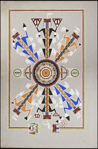 Chippewa Kızılderili "İlaç Adamı" "Cadunce"nin mezar yerini, bir Navajo kum resmini ve Crow taş resimlerini tasvir eden çizimler by A. Grossman