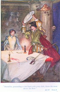 Petruchio, her yemekte bir kusur buluyormuş gibi yaparak, Tales from Shakespeare pub