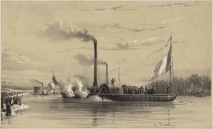 People on the shore waving off a steamship 