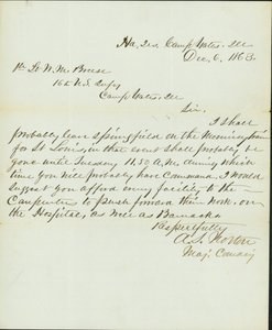 İmzalı mektup A.S. Norton, Binbaşı Komuta, Karargah, Camp Yates, Illinois, 1 Teğmen W.M. Breese, 16. ABD Piyade, Camp Gates, Ill., 6 Aralık 1863 by A. S. Norton
