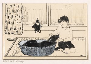 Köpek sevişen çocuk by A. Tinbergen (signed by artist)