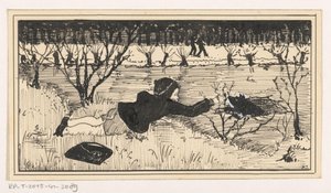 Kız köpeği uyanıktan kurtarmaya çalıştı by A. Tinbergen (signed by artist)