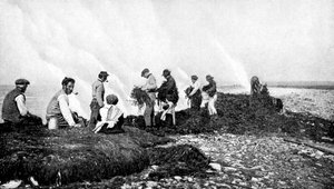 Kelp için yanan deniz yosunu, Aran Adaları, İrlanda, 1922.