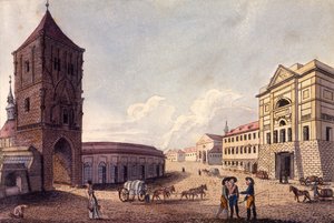 Powder Tower ve Hybern Gümrük Binası, Prag, c.1810 (renkli gravür)