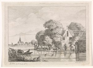Fener ve bir kadın bir evin önünde by A. van de Velde