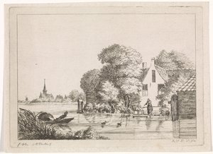 Fener ve bir kadın bir evin önünde by A. van de Velde