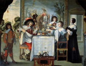 Beş duyu, anonim ressam tarafından tat, Abraham Bosse (1602-1676) tarafından yapılan gravür kopyası, tuval üzerine yağlıboya - “Beş duyu: tat” Güzel bir soylu evde kavunlardan, enginarlardan oluşan rafine bir yemeğin tadına bakma sahnesi. Abraham Bosse tar