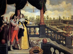 Beş Duyu: Koku Bir bahçenin önünde bir çift soylu, adam bir buket çiçek kokuyor. Abraham Bosse (1602-1674) 17. yüzyıl tablosu. Turlar, Güzel Sanatlar Müzesi