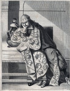 Kötülükle dolu adam: çift kat kadın başlı bir adam, yanında bir maymunla meditasyon yapıyor. Abraham Bosse (1604-1676) tarafından bir baskının çoğaltılması. by Abraham (after) Bosse