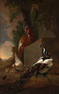 Bir Peacock, Hindi ve Piliçleri ile Klasik Bir Çeşmenin Yanında Peyzajda Tavuk by Abraham Bisschop
