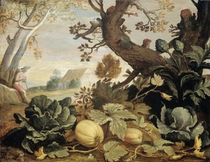 Meyve ve Sebzelerin Ön Planda Olduğu Manzara by Abraham Bloemaert