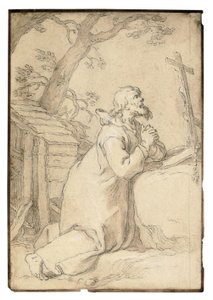 Phermae Aziz Paul bir haç önünde dua diz çökmüş (siyah tebeşir, kalem ve kahverengi mürekkep, kahverengi yıkama) by Abraham Bloemaert