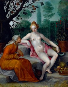 Vertumnus ve Pomona (mevsim tanrısı, perinin bahçesine girmek için yaşlı bir kadın kılığına girer) - Abraham Bloemaert (1566-1651), bakır üzerine yağlı boya, 1605 civarında - (Vertumnus ve Pomona, Abraham tarafından) Bloemaert, bakır üzerine yağ, c1605) by Abraham Bloemaert