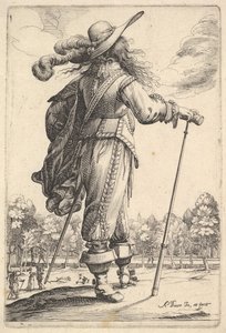 Arkadan görülen, bastonla sağa doğru yürüyen ve tüylü bir beyefendi ..., 1629. by Abraham Bosse
