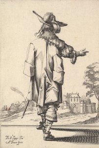 Sağ kolu uzanmış ve sol kolunun üzerinde bir pelerin ile arkadan görülen bir beyefendi..., 1629. by Abraham Bosse