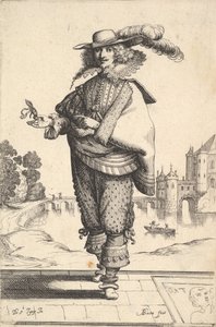 Büyük bir kalenin önünde duran, tüylü bir şapka ve dantel yaka takan bir beyefendi..., 1629. by Abraham Bosse
