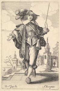 Sağ kolunu uzatmış ve sol elinde bir kırbaçla ileri doğru yürüyen bir beyefendi..., 1629. by Abraham Bosse