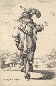 Tüylü bir şapka takan ve kılıcı taşıyan bir beyefendi, arkadan görülüyor, sağ kolu dışarıda..., 1629. by Abraham Bosse