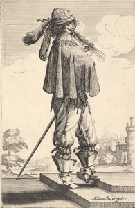 Kısa bir palto, miğfer ve mahmuzlu çizmeler giyen bir beyefendi, merdivenlerde duruyor ve..., 1629. by Abraham Bosse