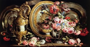 Abraham Brueghel (1631-1697) tarafından gümüş ve çiçeklerle natürmort, panel üzerine yağlı boya