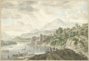Bir nehir üzerinde bir kale ile tepelik manzara by Abraham Delfos
