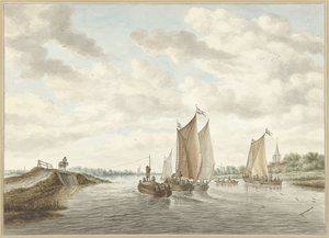 Farklı mavnalar ile nehir manzarası by Abraham Delfos
