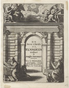 Bir geçidin etrafında dört evangelist Başlık sayfası: Junius, Franciscus ve Marshall, Thomas. Quatuor D.N. Jesu Christi S.S. Evangelia Gothicè ve Anglo-Saxonicè, 1665 by Abraham Dircksz. Santvoort