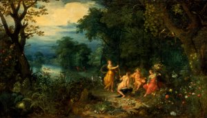 Ahşap bir manzara, Diana bir periye bir tavşan sunar, ön planda Silenus ve Ceres, c1614