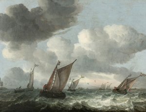 Dalgalı bir denizde kıyı açıklarında balıkçı tekneleri (panelde yağ) by Abraham Hendricksz van Beyeren