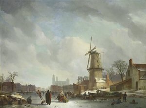 Bir Kasabada Donmuş Bir Kanalda Oynamak by Abraham Johannes Couwenberg