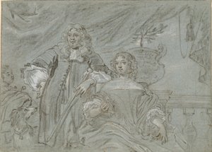 Oturan bir bayan ve ayakta duran bir beyefendi grubu, diz figürleri. Arka planda siyah bir Afrikalı ve bir köpek, t.h. korkuluk by Abraham Lambertsz. van den Tempel