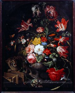 Çiçek vazosunu deviren kedi. Abraham Mignon (1640-1679) ec tarafından boyama. Tümü