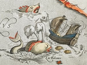 (Detay). Bir gemiye saldıran deniz canavarları. by Abraham Ortelius