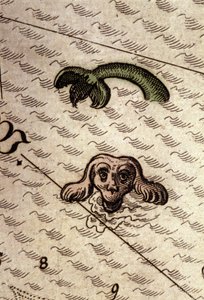 Bir deniz canavarının köpek kafası ve balık gövdesi vardır. Abraham Ortelius, Antwerp 1584 tarafından “Theatrum Orbis Terrarum” da bir haritanın detayı. by Abraham Ortelius