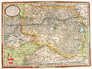 Avusturya Ducatus Chorographia Wolfgango Lazio Auctore Tuna Nehri ve Viyana şehri ile Avusturya topraklarının Abraham Ortelius (Oertel, Ortell veya Ortel) tarafından “Theatrum Orbis Terrarum” dan Coğrafya haritası by Abraham Ortelius