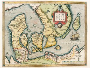 Daniae regni Typus Abraham Ortelius (Oertel, Ortell veya Ortel) tarafından “Theatrum Orbis Terrarum”dan Danimarka ve güney İsveç topraklarının Coğrafya haritası by Abraham Ortelius