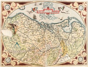 Abraham Ortelius (Oertel, Ortell veya Ortel) tarafından "Theatrum Orbis Terrarum" dan Hollanda Germen bölgesinin Aşağı Almanya Coğrafya haritasının açıklaması by Abraham Ortelius