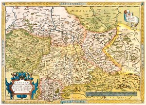 Almanya (Eyalet: Aşağı Saksonya, Saksonya-Anhalt, Brandeburg, Berlin, Hessen, Thüringen, Saksonya, Bavyera ), Çek Cumhuriyeti (Bölge: Liberec, Orta Bohemya, Prag, Ústí nad Labem, Plze, Karlovy Vary) by Abraham Ortelius