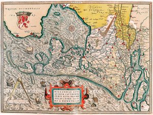 Hollandia antiquorum catthorum sedis nova descriptio, auctore Jacobo a daventria Amsterdam ve Haarlem şehirleri ile Hollanda topraklarının coğrafya haritası... Abraham Ortelius (Oertel, Ortell veya Orte) tarafından "Theatrum Orbis Terrarum"dan alınmıştır. by Abraham Ortelius