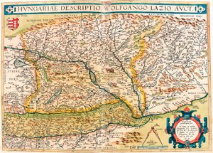 Macarca Açıklama, Wolfgango Lazio Auct. Abraham Ortelius (Oertel, Ortell veya Ortel) tarafından “Theatrum Orbis Terrarum” dan Macaristan topraklarının coğrafya haritası by Abraham Ortelius