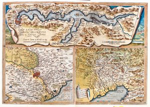 Como Gölü (İtalya; Bölge: Lombardiya), Roma (İtalya; Bölge: Lazio), Trieste Körfezi (İtalya: Friuli-Venezia Giulia bölgesi; Slovenya: geleneksel Slovenya Littoral bölgesi; Hırvatistan: Istria Bölgesi) by Abraham Ortelius