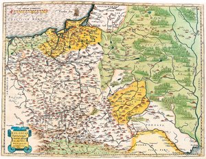 Polonya ve komşu yerlerinin açıklaması. Abraham Ortelius (Oertel, Ortell veya Ortel) tarafından "Theatrum Orbis Terrarum" dan Polonya coğrafya haritası by Abraham Ortelius