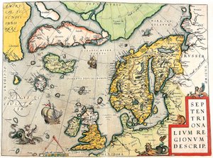 açıkla. Abraham Ortelius (Oertel, Ortell veya Ortel) tarafından "Theatrum Orbis Terrarum" dan İskandinavya ve Kuzey Avrupa