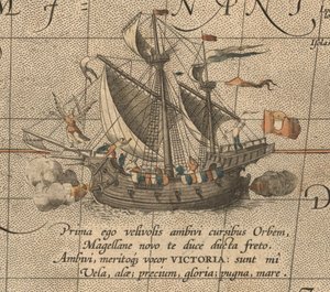Victoria, bir İspanyol karak, Ferdinand Magellans Armada de Molucca gemisi. Avustralya Maris Pasifik by Abraham Ortelius