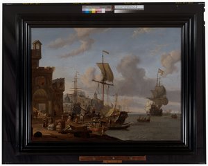 Rıhtım tarafında tüccarlar ve diğer şahsiyetlerin yer aldığı capriccio Akdeniz limanı manzarası by Abraham Storck