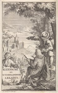 Gezgin Cleves şehrini çizer Başlık sayfası: C. Bruin, Kleefsche ve Zuid-Hollandsche Arkadia (...), 1730 by Abraham Zeeman