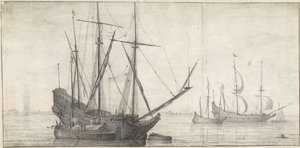 Kıyıya yakın durgun suda yelkenli gemiler by Abraham de Verwer (possibly)